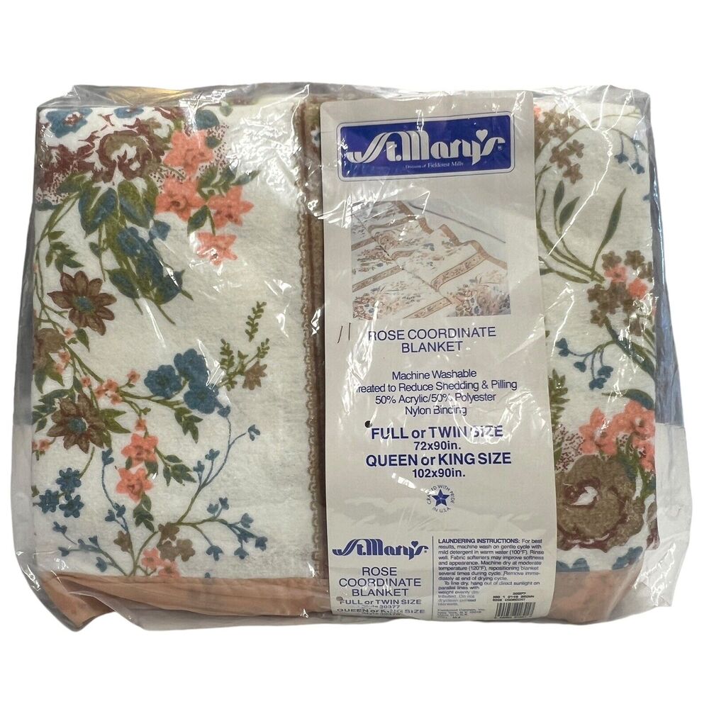 Vintage Deadstock‎ St. Mary's Rose Coordinate Blanket Tan Blue Pink Floral 72x90